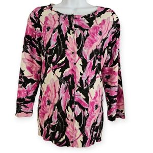 Talbots pink black & white floral silk cardigan sweater Womens Large